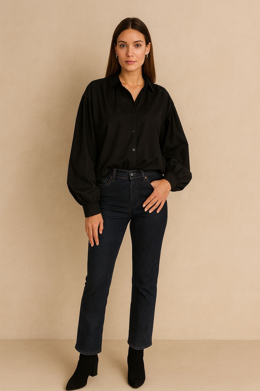 Blouse met pofmouwen dames – zwarte blouse – elegante oversized look