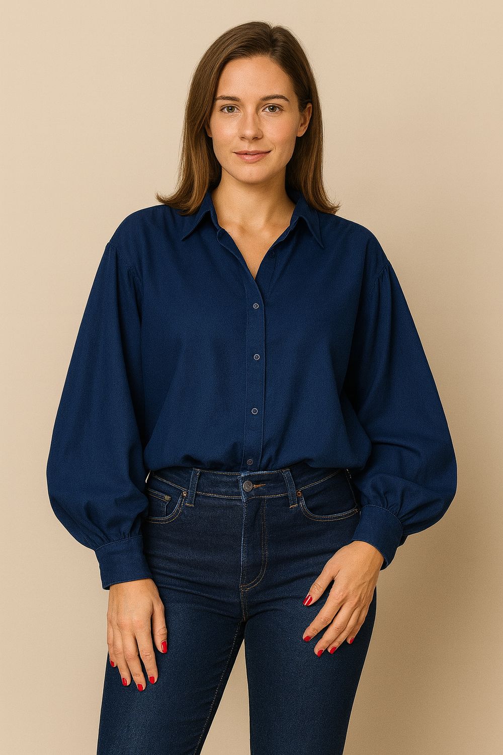 Blouse met pofmouwen dames – blauwe blouse – elegante oversized look