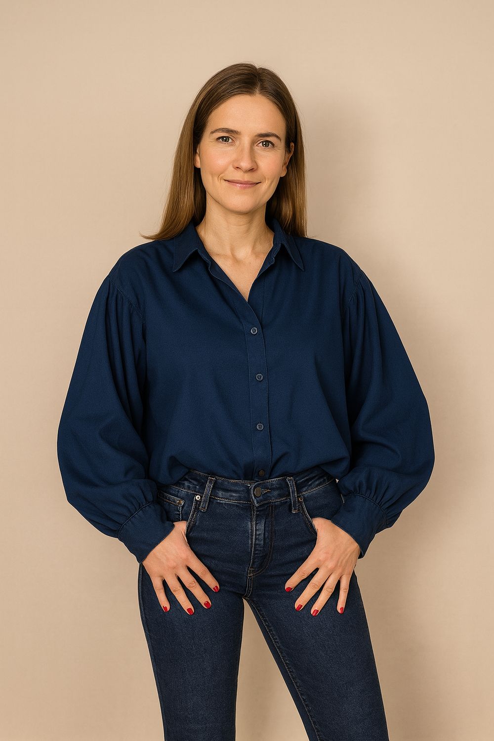 Blouse met pofmouwen dames – blauwe blouse – elegante oversized look