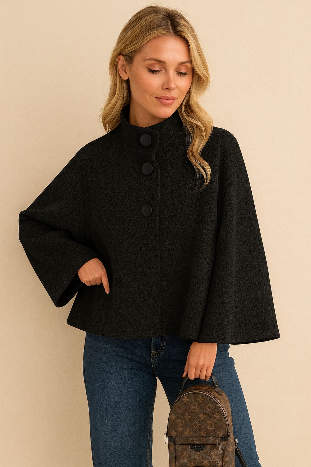 Cape style bouclé jas in zwart, elegante poncho jas met zachte boucléstof - Infinity  Me
