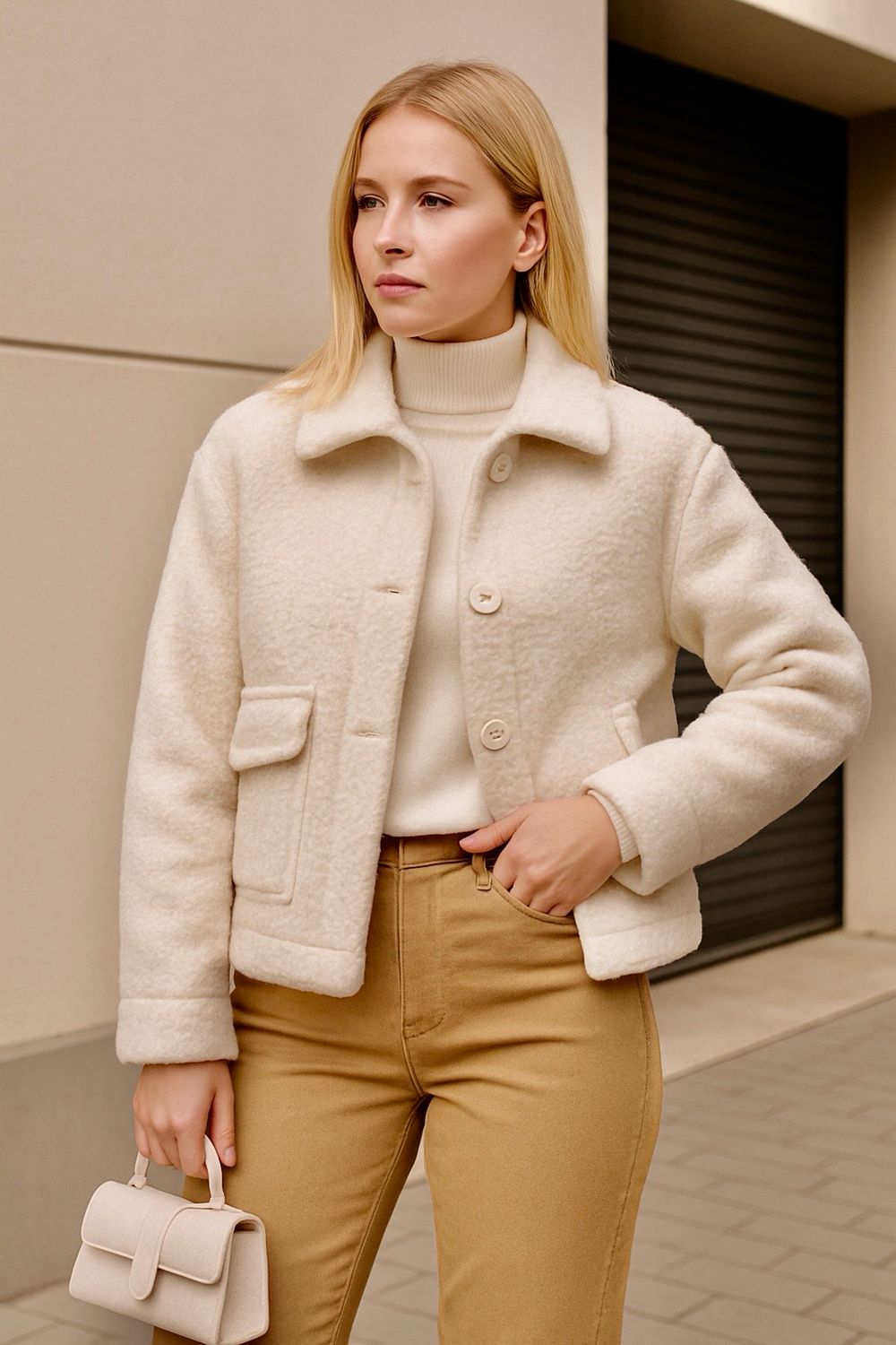 Dames straight fit jeans , rechte pijpen, gekleurde jeans in licht caramel- jeans gestyled met bouclé vest