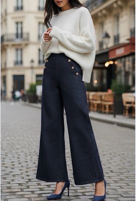 JENNA denim look broek, wijde palazzo broek met sierknopen en zakken. Elastische taille.