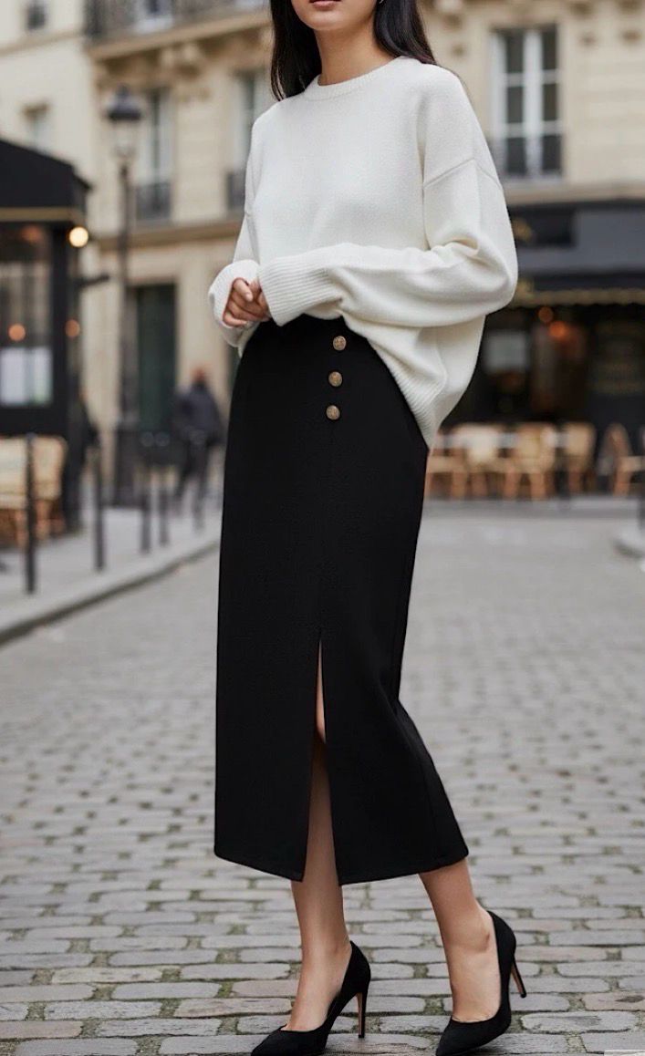 Elegante zwarte lange rok met split en knopen – Tijdloze dames rok met elastische taille