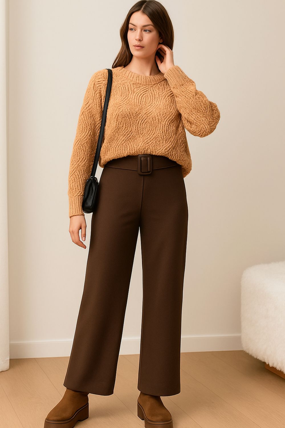 Stretchstof Milano fabric wijde broek, palazzo in Milano Chic Automnale met handgemaakte riem.