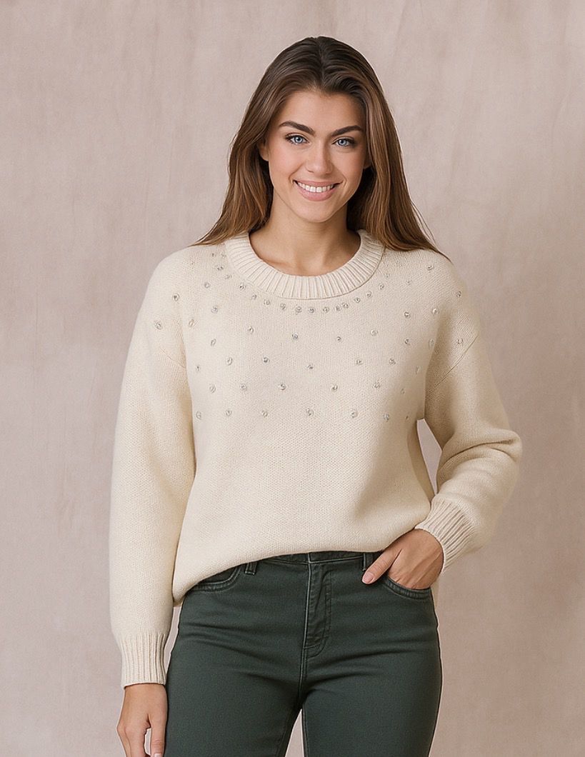 Round Neck Sparkle Knit Sweater Met Rhinestones– Bordeaux , Beige Grijs Zwart | Infinity Me Boutique