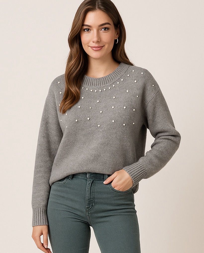 Round Neck Sparkle Knit Sweater Met Rhinestones– Bordeaux , Beige Grijs Zwart | Infinity Me Boutique