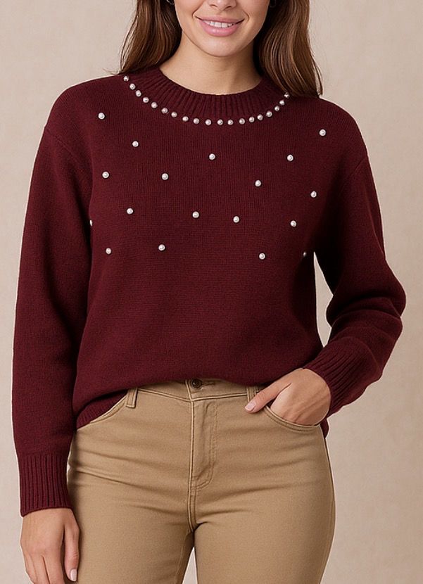 Round Neck Sparkle Knit Sweater Met Rhinestones– Bordeaux , Beige Grijs Zwart | Infinity Me Boutique
