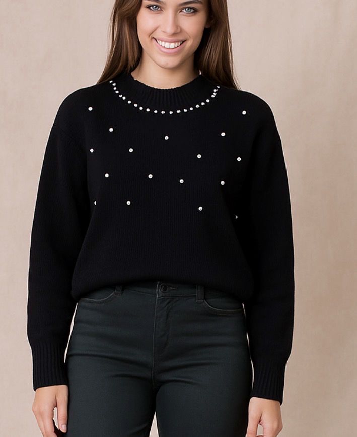 Round Neck Sparkle Knit Sweater Met Rhinestones– Bordeaux , Beige Grijs Zwart | Infinity Me Boutique