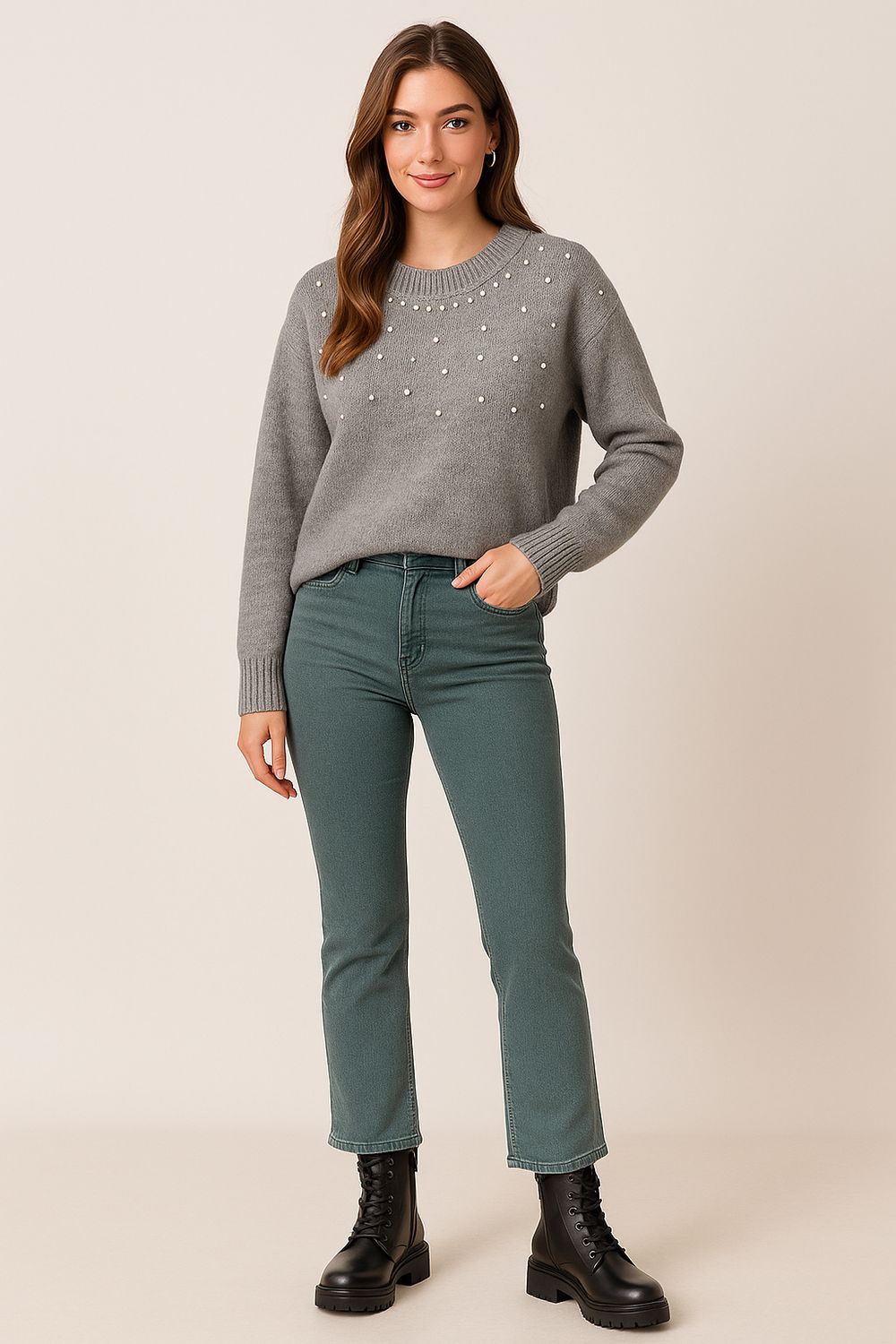 Round Neck Sparkle Knit Sweater Met Rhinestones– Bordeaux , Beige Grijs Zwart | Infinity Me Boutique