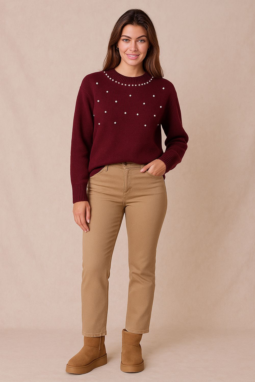 Round Neck Sparkle Knit Sweater Met Rhinestones– Bordeaux , Beige Grijs Zwart | Infinity Me Boutique