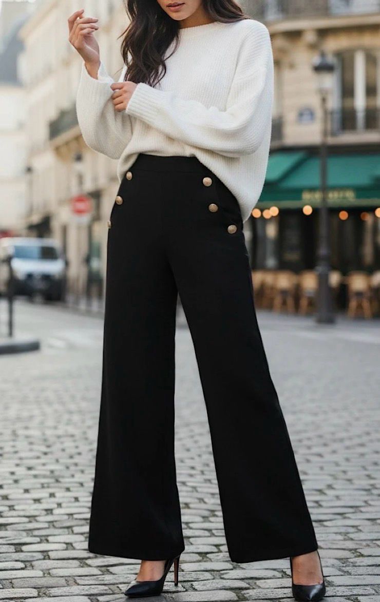 JENNA broek Milano Stof- wide Leg palazzo broek met sierknopen en zakken. Elastische taille.