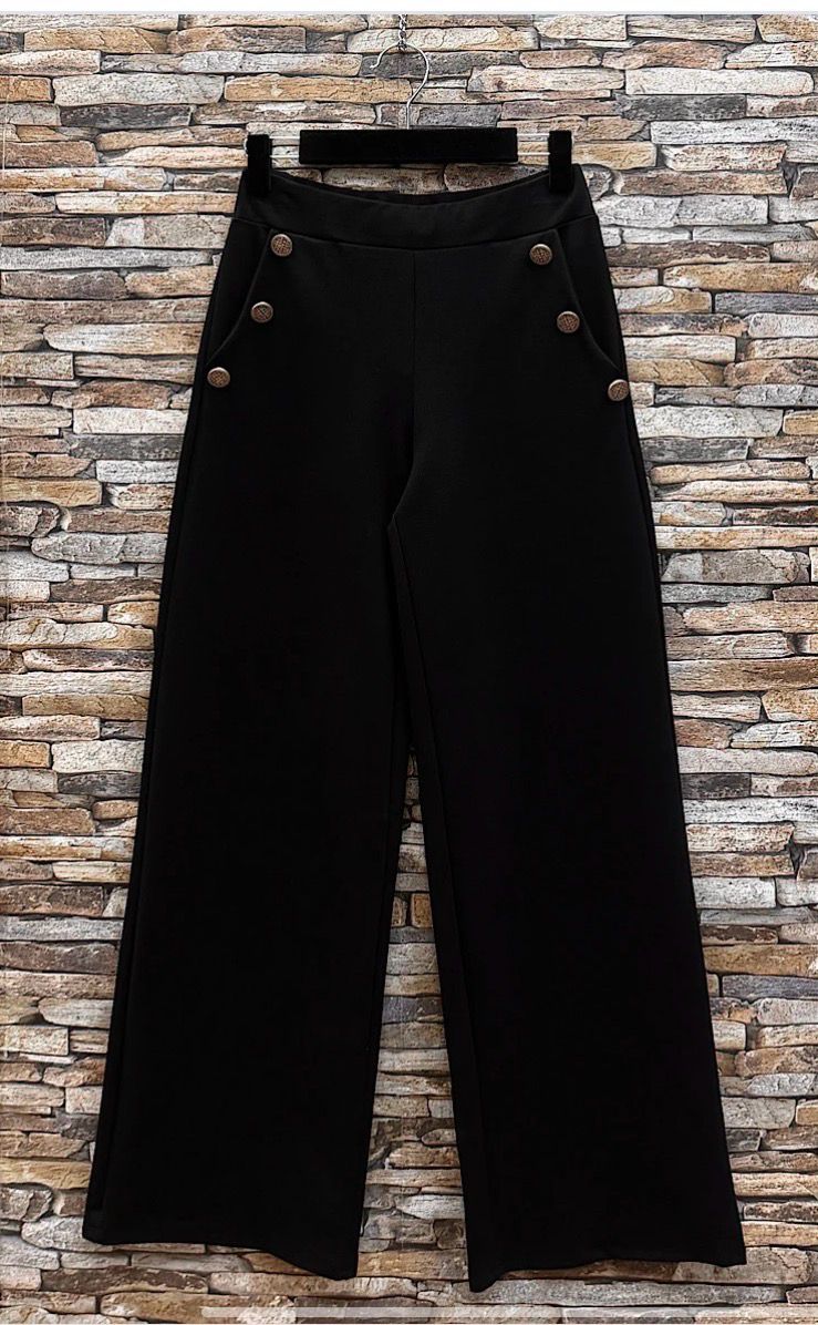 JENNA broek Milano Stof- wide Leg palazzo broek met sierknopen en zakken. Elastische taille.