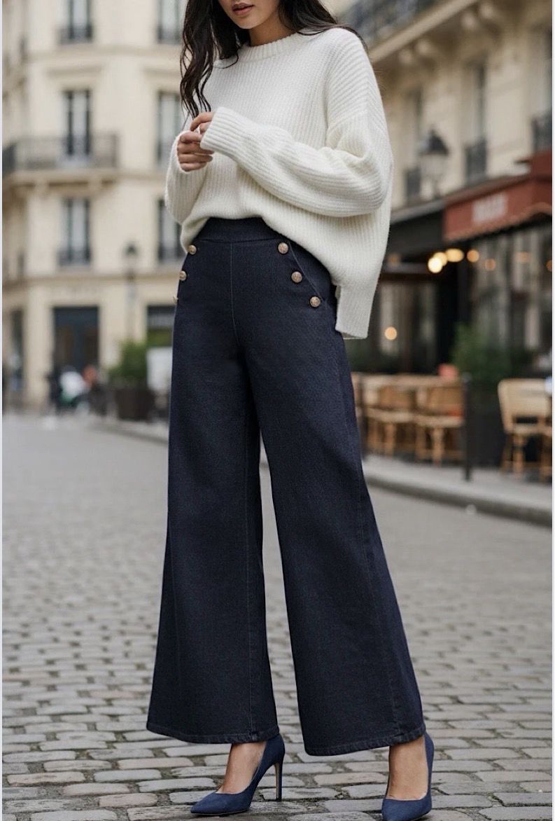 JENNA broek Milano Stof- wide Leg palazzo broek met sierknopen en zakken. Elastische taille.