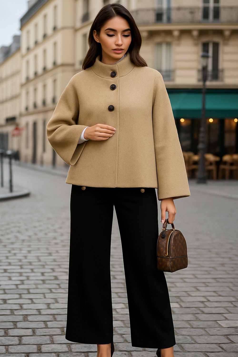 JENNA broek Milano Stof- wide Leg palazzo broek met sierknopen en zakken. Elastische taille.