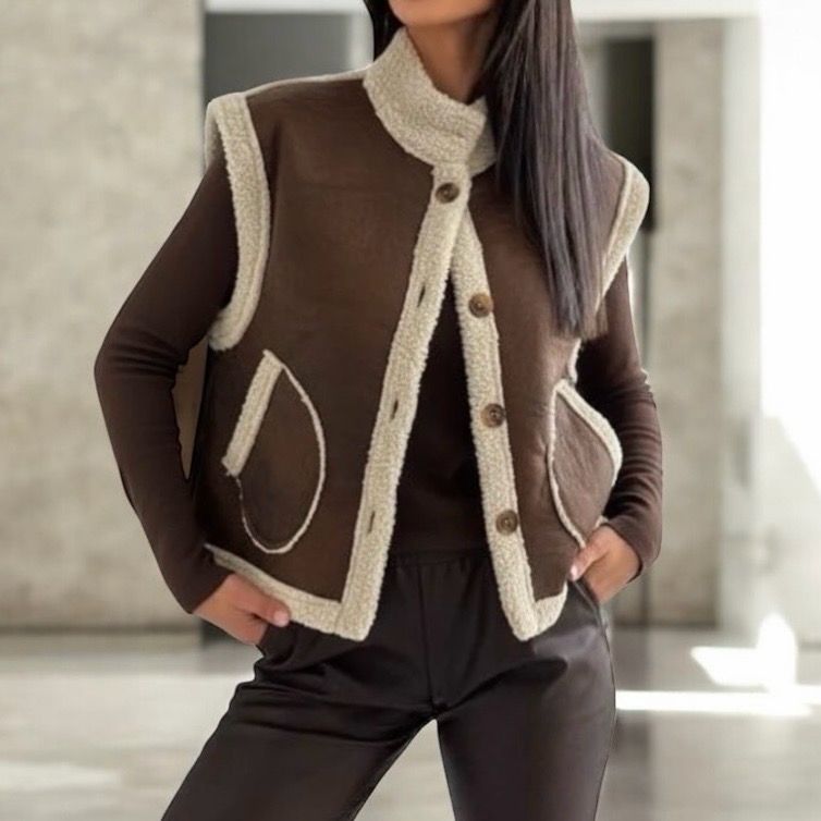 Teddy Voering Katoenen Gilet – Winter Cozy Boutique – Bruin/Crème (One Size)