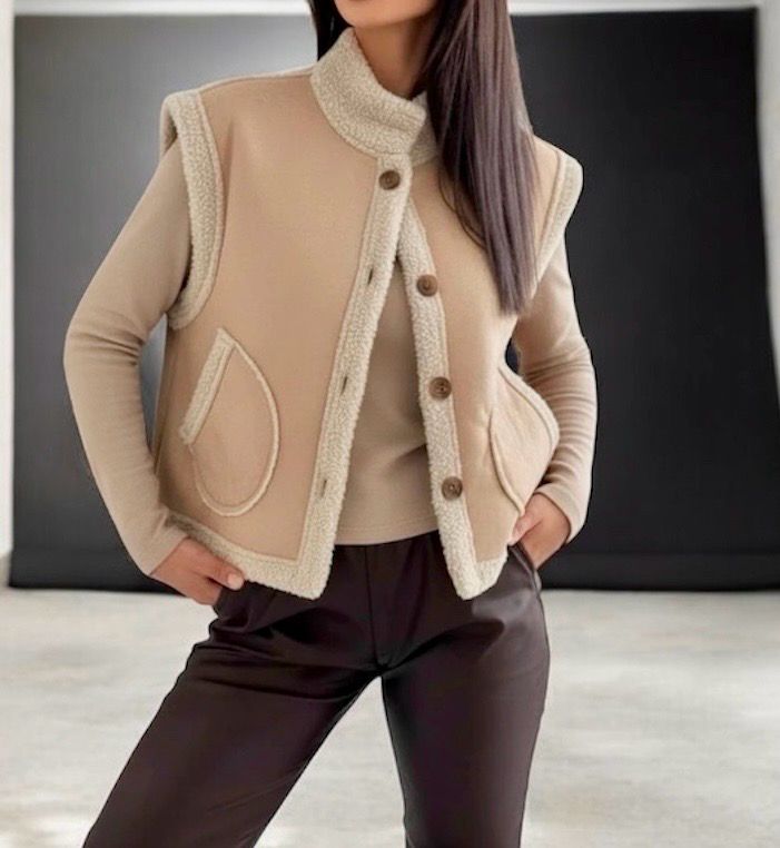 Teddy Voering Katoenen Gilet – Winter Cozy Boutique – Bruin/Crème (One Size)