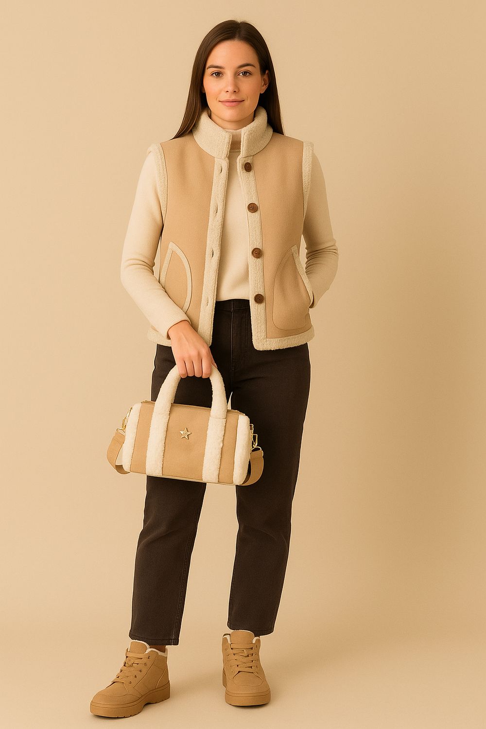 Infinity Me Mini Teddy Bag Beige – Cosy Suède Look met Gouden Ster