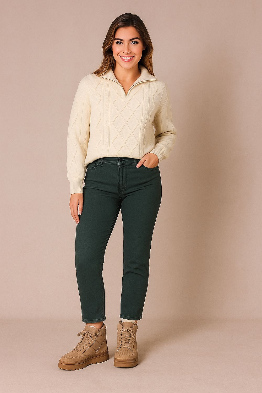 Gebreide Trui Met Kabels - Wollen Trui - Trui Met Rits -kabeltrui - Knitted trui - Witte trui - trui voor dames