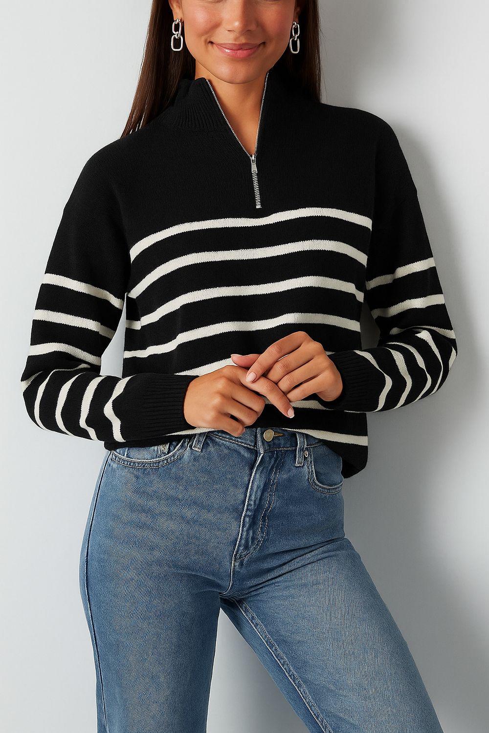 Gebreide Sweater - Wollen Trui - Trui Met Strepen - Trui Met Rits - Trui voor vrouwen - zwarte trui - witte trui