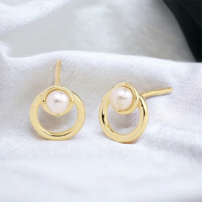 Stud Oorbellen Met Parel - Elegante Geometric Studs Oorbellen Sterling Zilver Goudkleurig Stud Oorbellen Met Parel - Elegante Geometric Studs Oorbellen Sterling Zilver Goudkleurig