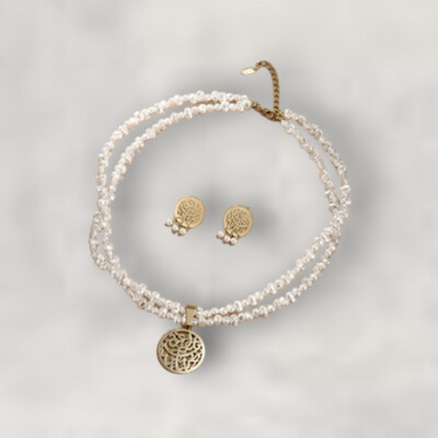 Sieraden Set- Vintage Parelketting Met Bedel+ Oorbellen