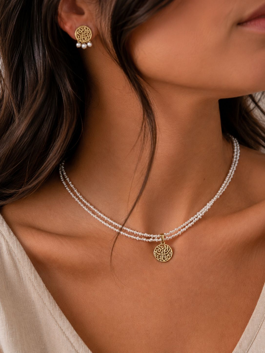 Sieraden Set- Vintage Parelketting Met Bedel+ Oorbellen