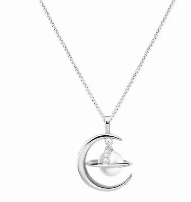 Ketting Met Maan Hanger - Ketting Met Maan Hanger en Parel- Ketting Voor Vrouwen. Sterling Zilver Ketting Met Hanger - Goud Platina