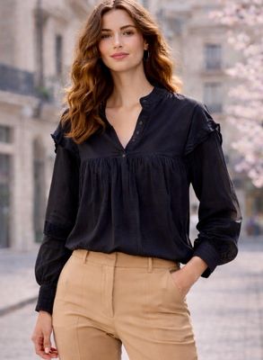 Frivole Top - Luchtige Top - Zwarte Top -Top met lange mouwen - Losse top - Top voor dames - Top voor vrouwen - Zwarte Blouse