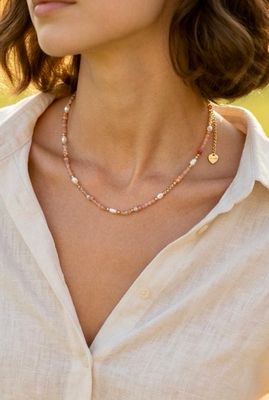 - Stainless Steel Ketting - Ketting Met Natuursteen En Zoetwater Parels - Stainless Steel Ketting - Ketting Met Natuursteen En Zoetwater Parels