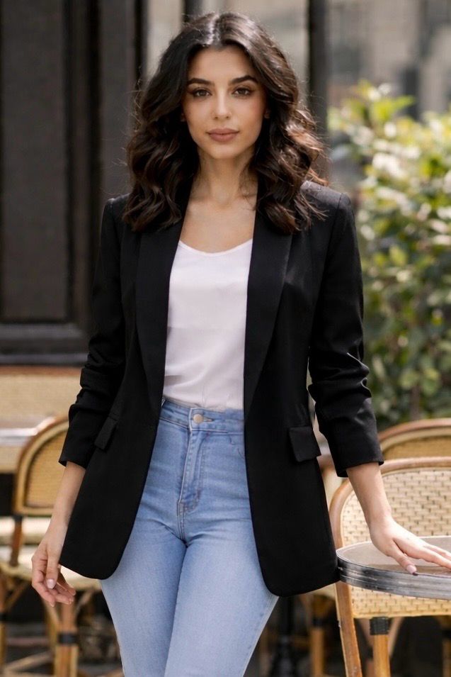 Blazer Met Opgestroopte Mouwen - Blazer Met Drie Kwart Mouwen - Lente/ Zomer Blazer