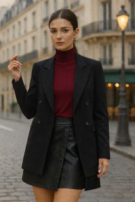 Zwarte Blazer Met Short skirt En Bordeaux Katoenen Coltrui