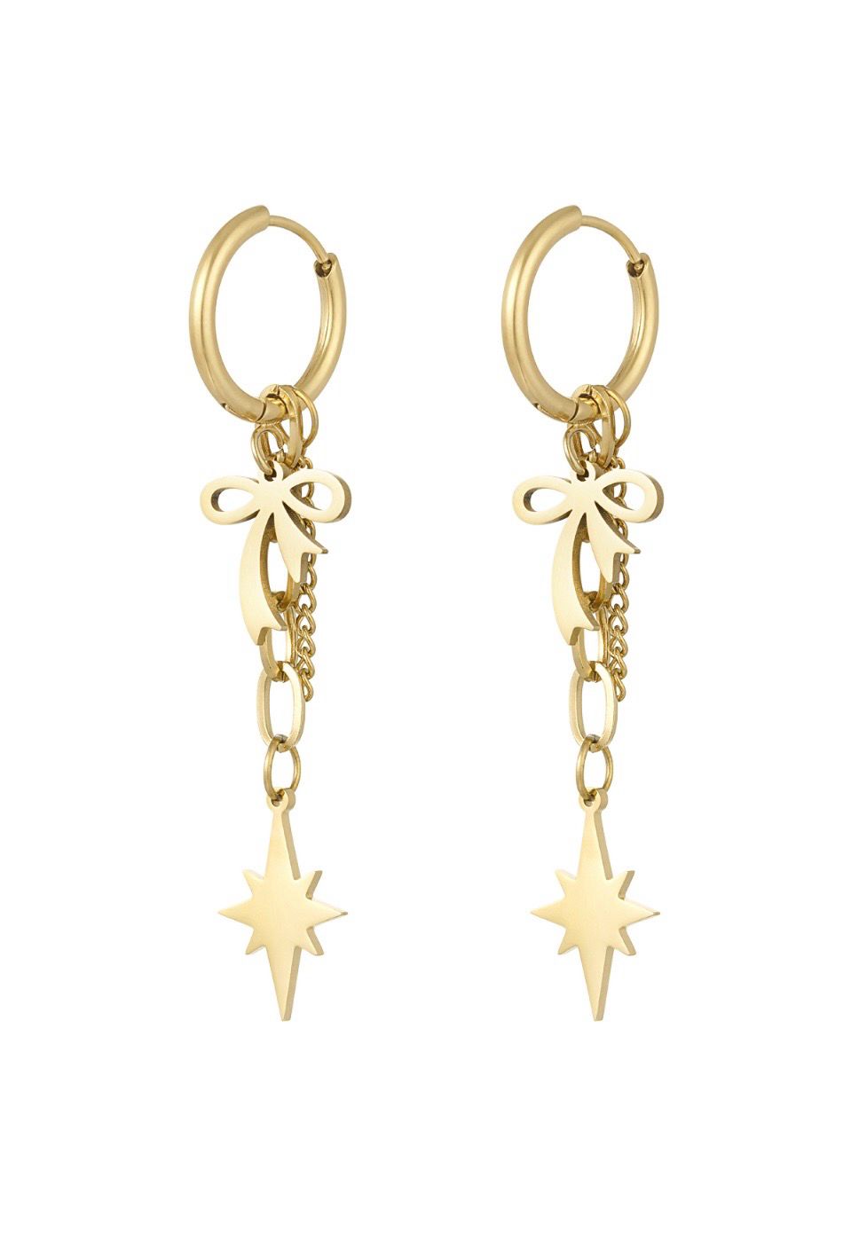 Hang Oorbellen Met Strikjes En Ster - Stainless Steel oorbellen - Lange hang oorbellen, Kleur: Goud kleurig