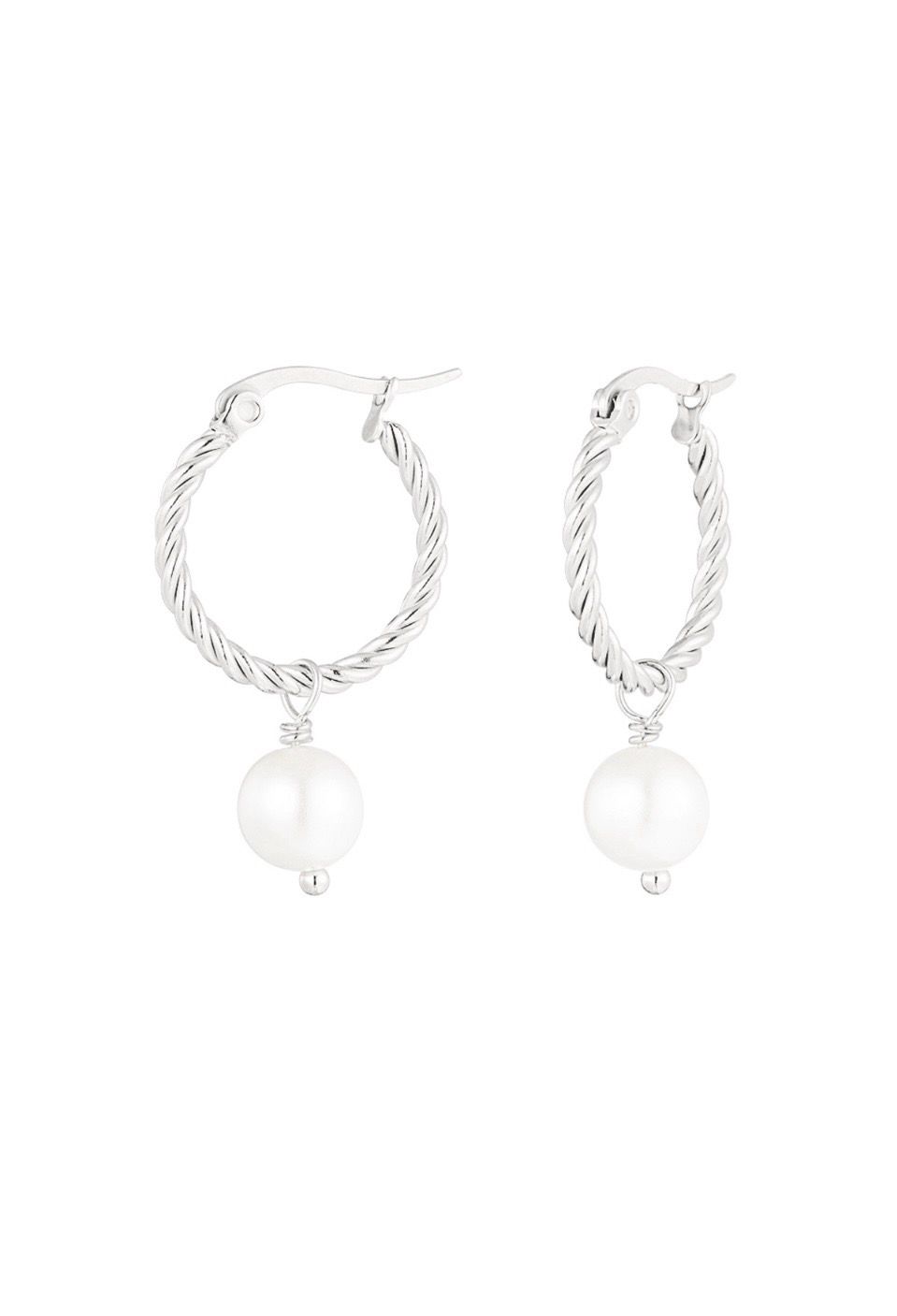 Gedraaide Ring Oorbellen Met Parel - Stainless Steel oorbellen - Hoops met parel