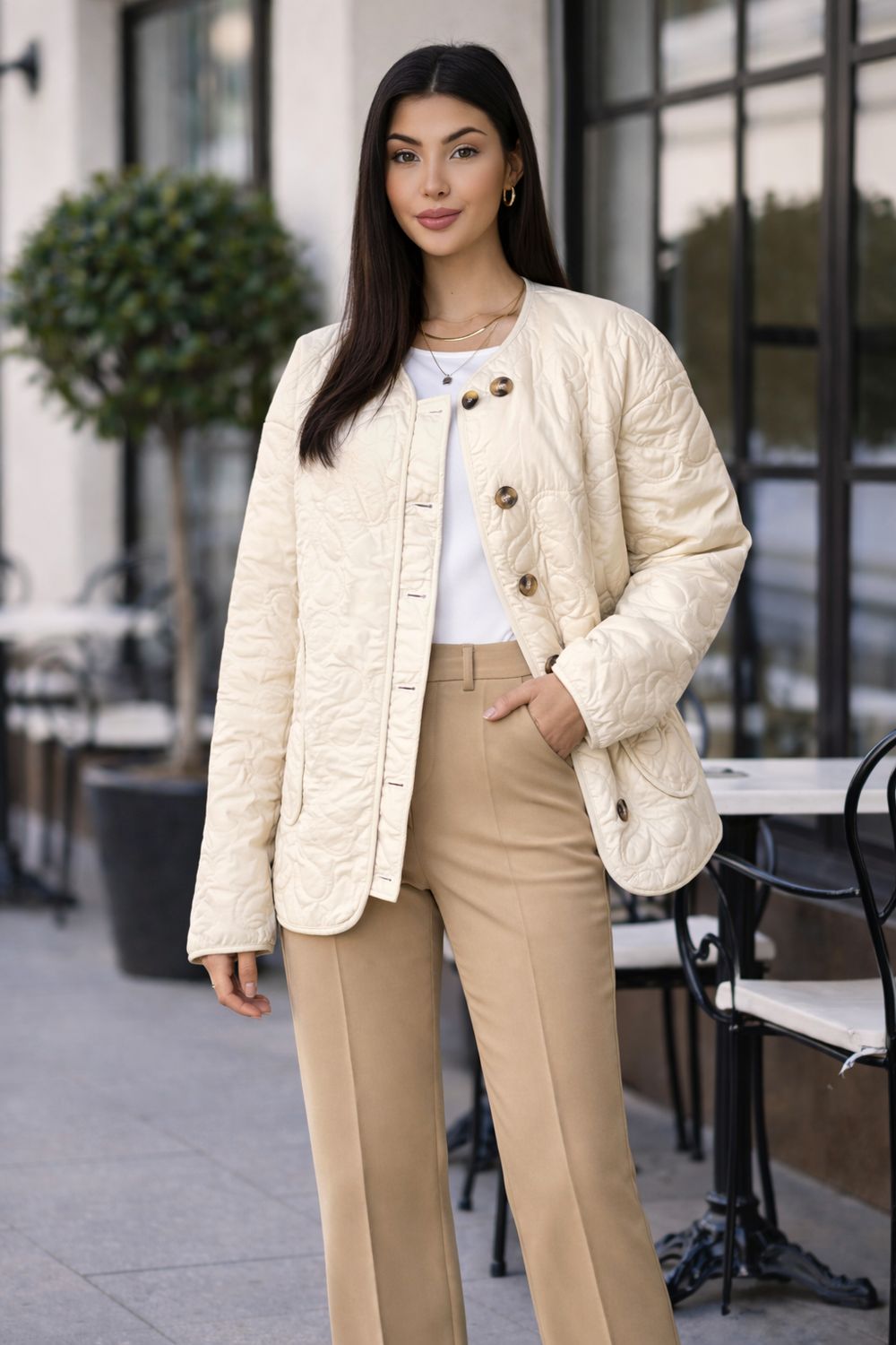 Gewatteerde Jas Beige 100% Katoen  voor dames- Tussenjas Herfst/Winter voor dames