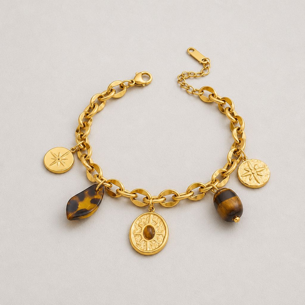 Stainless Steel Charm Armband – Spiritual Tiger Eye Compass Gold Bracelet