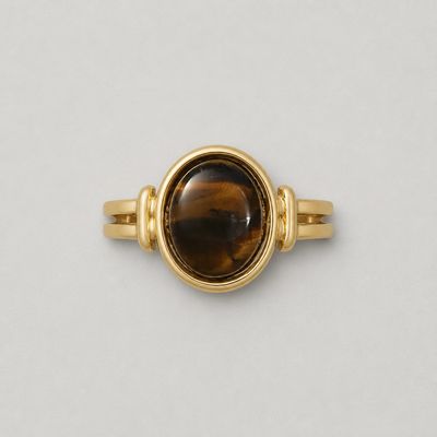 Stainless Steel Open Ring – Oval Brown Stone Gold