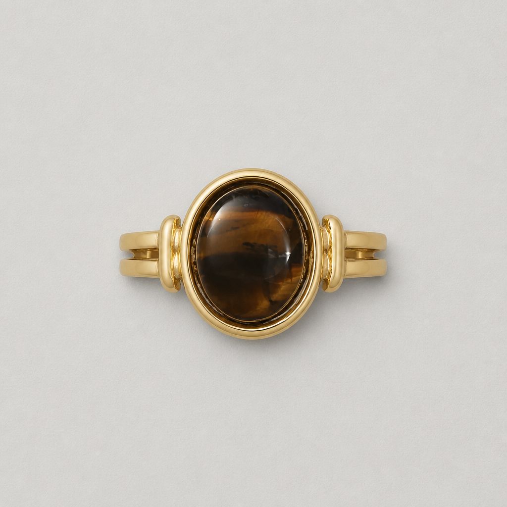 Stainless Steel Open Ring – Oval Brown Stone Gold