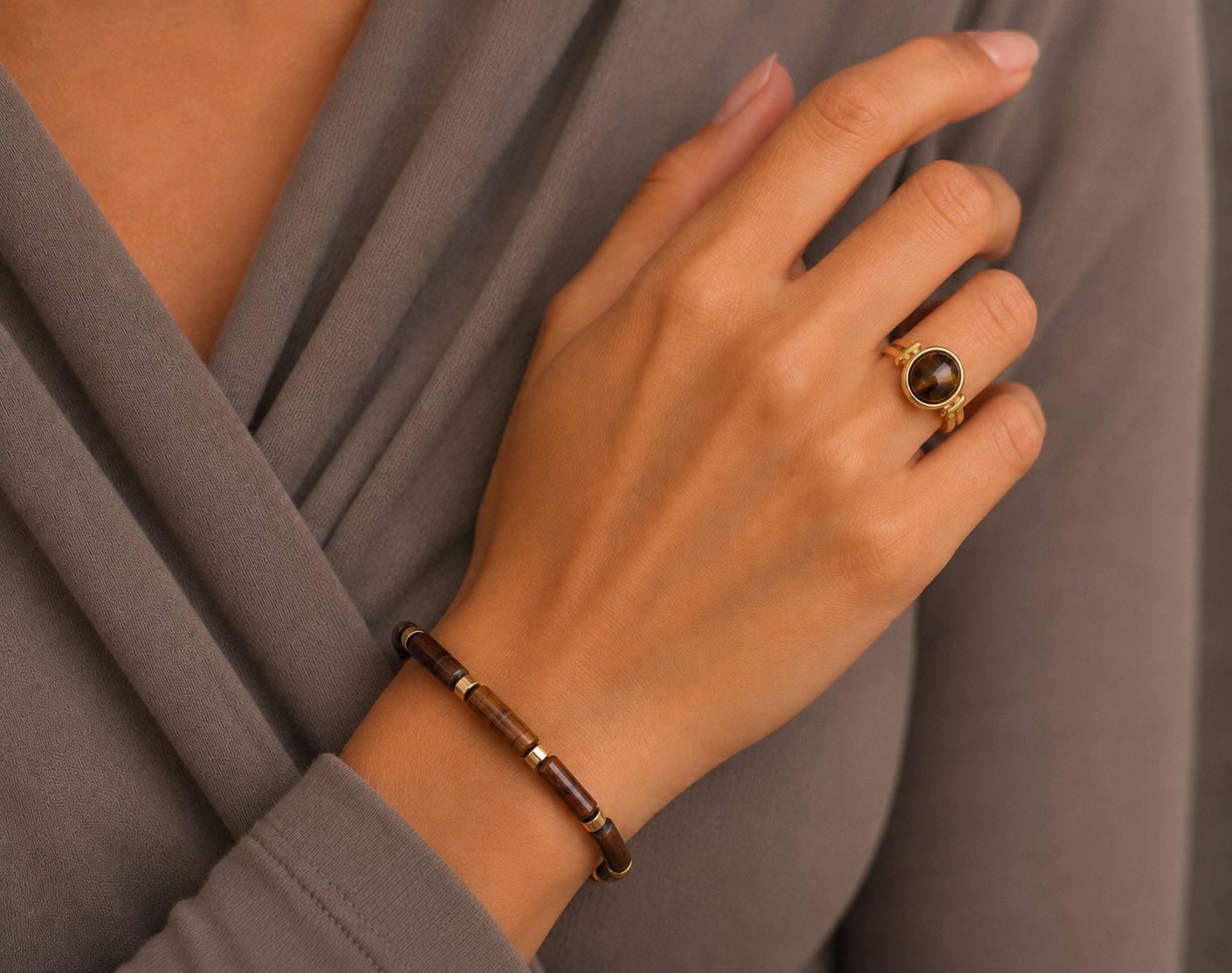 Stainless Steel Open Ring – Oval Brown Stone Gold