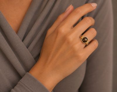 Stainless Steel Open Ring – Oval Brown Stone Gold