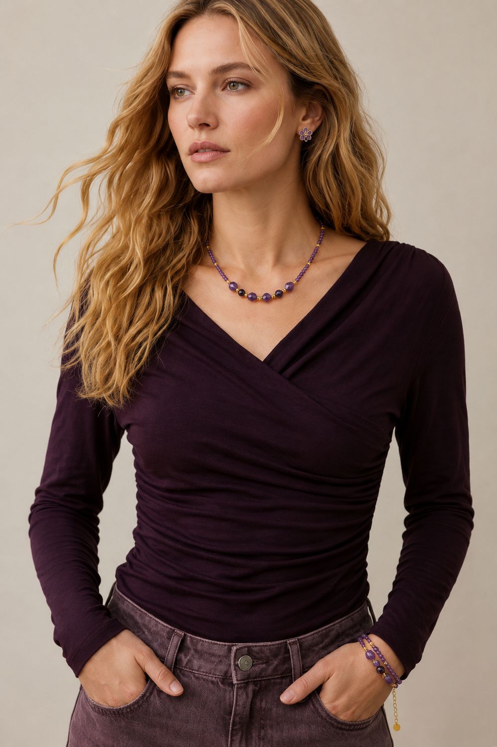 Améthyste Glow Kralenketting – Paars met Goudkleurige Accenten- Amethist En Agate