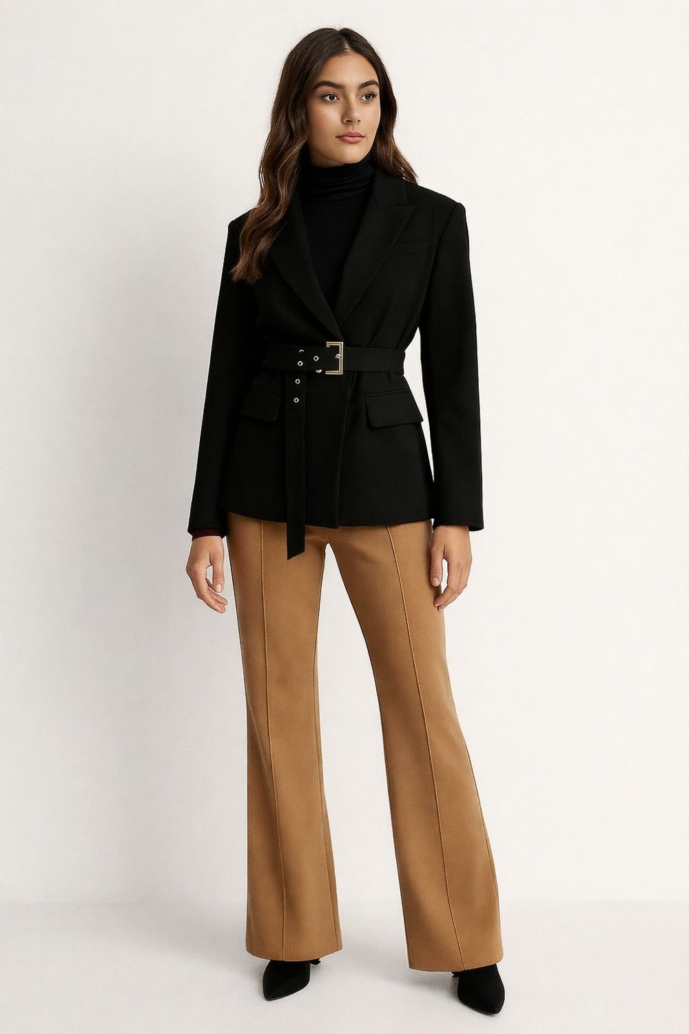 Caramel Flare Stretch Broek- zwarte Soft Knit Coltrui - Tailored Zwarte Blazer