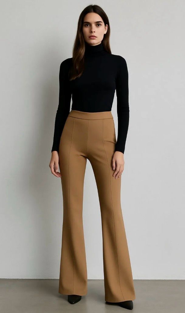 Caramel Flare Stretch Broek- zwarte Soft Knit Coltrui - Tailored Zwarte Blazer