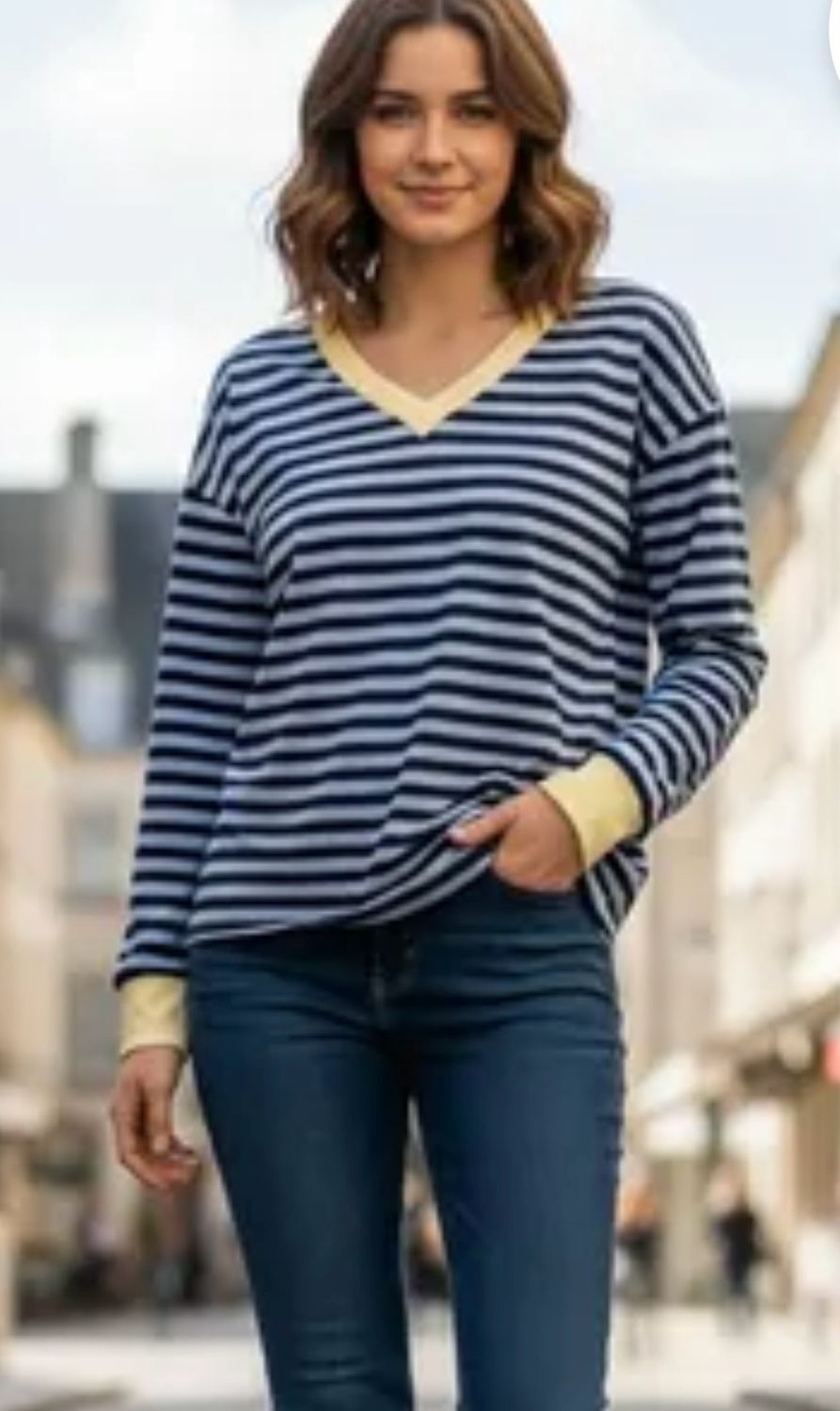 Lichte Lente/ Zomer Gestreepte V-Hals Sweater – Casual Parisian Chic