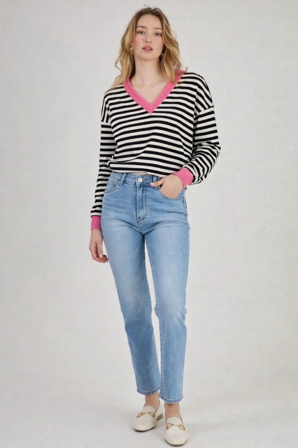 Lichte Lente/ Zomer Gestreepte V-Hals Sweater – Casual Parisian Chic