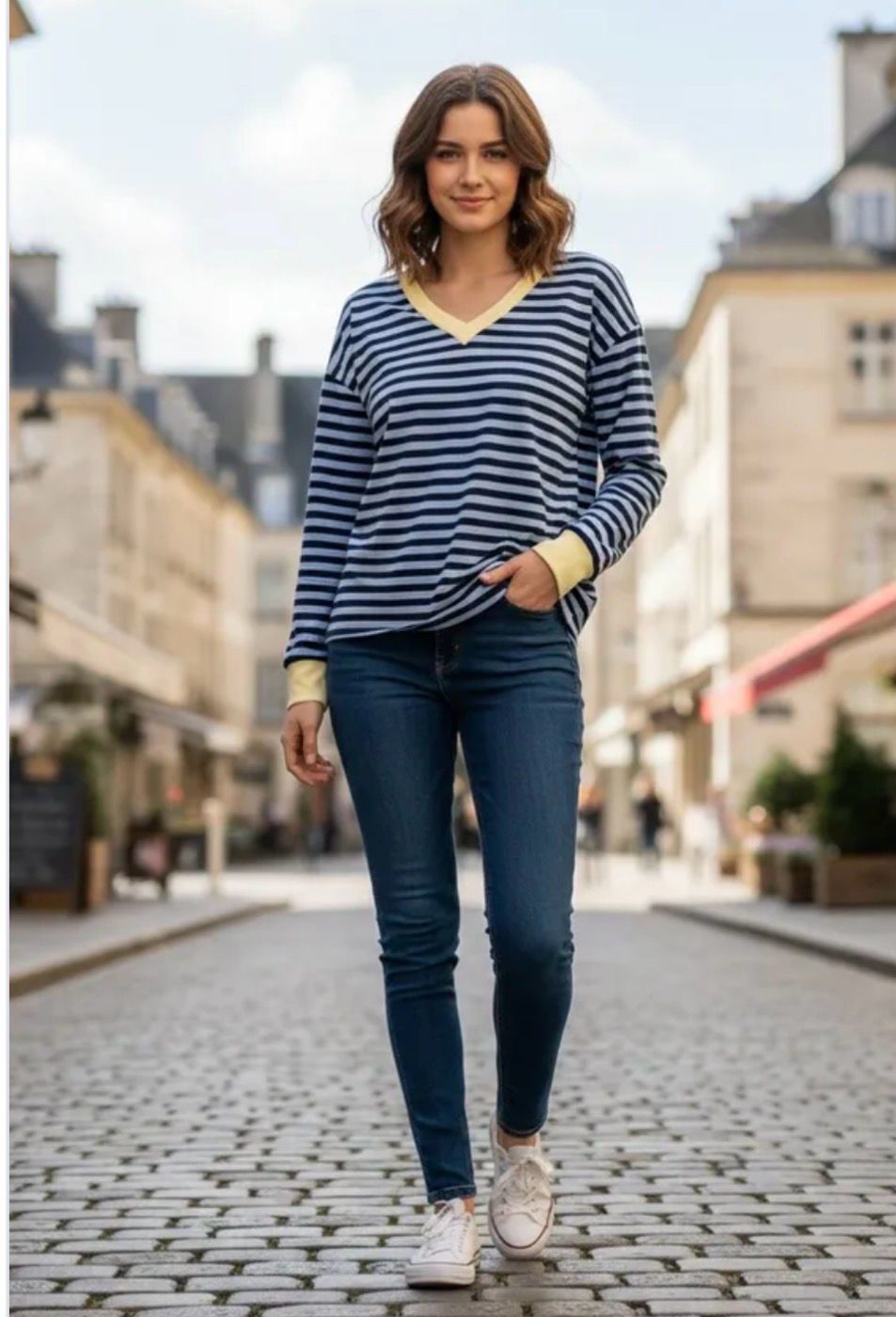 Lichte Lente/ Zomer Gestreepte V-Hals Sweater – Casual Parisian Chic