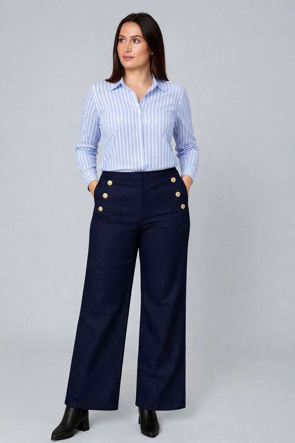 JENNA denim look broek, wijde palazzo broek met sierknopen en zakken. Elastische taille.