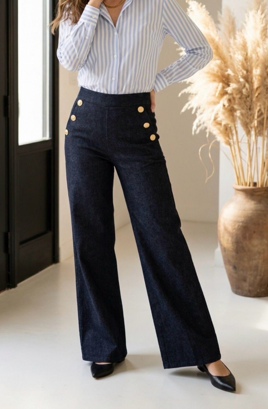 JENNA denim look broek, wijde palazzo broek met sierknopen en zakken. Elastische taille.