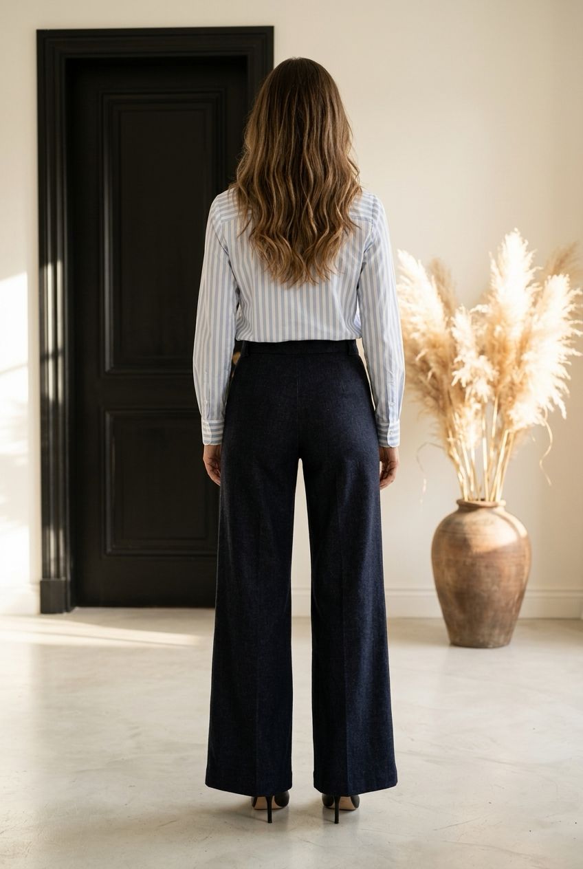 JENNA denim look broek, wijde palazzo broek met sierknopen en zakken. Elastische taille.