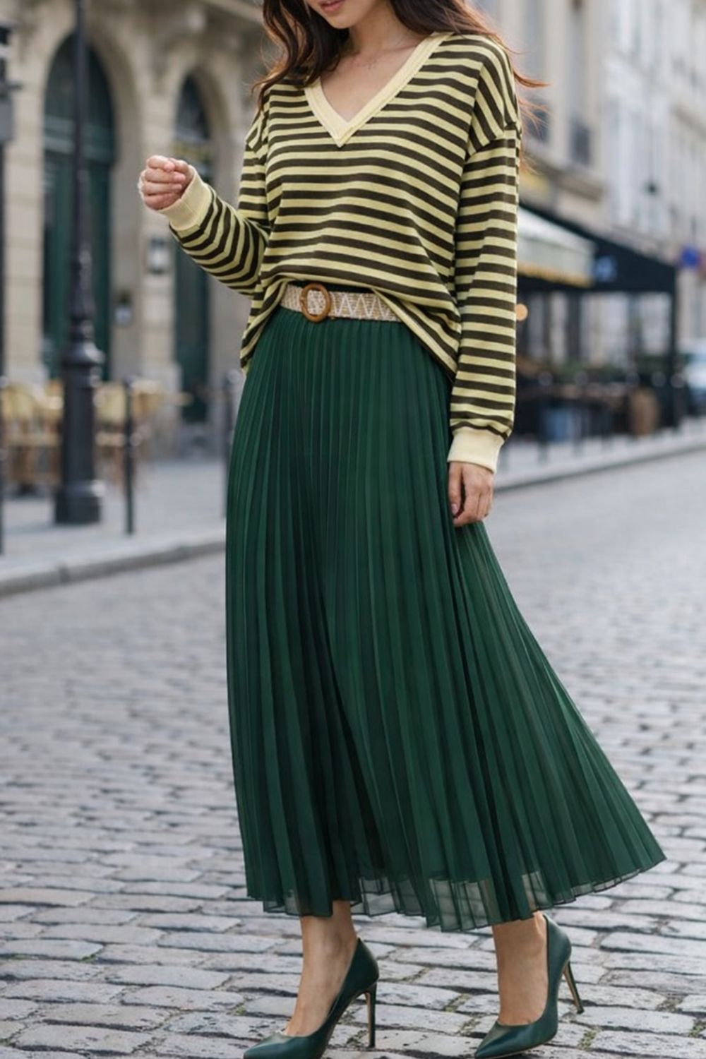 Effen kleur Vloeiende plooirok met viscose lining- midi rok met bohemian belt