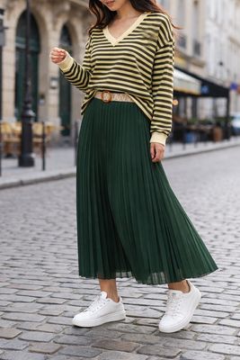 Effen kleur Vloeiende plooirok met viscose lining- midi rok met bohemian belt